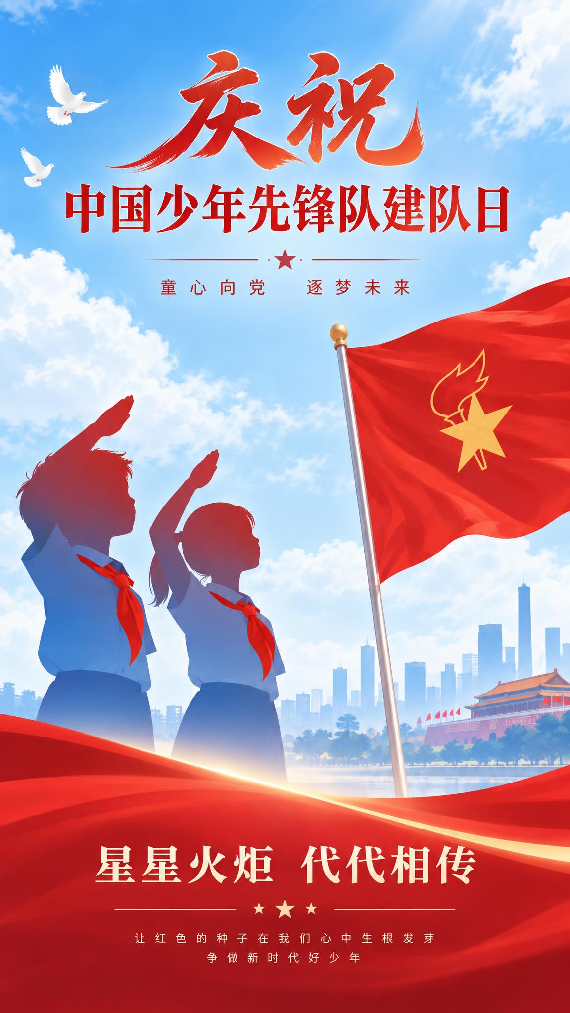少先队建队日宣传海报，简约大气，公益感，蓝白红三色搭配，画面左… - 图片创意预览