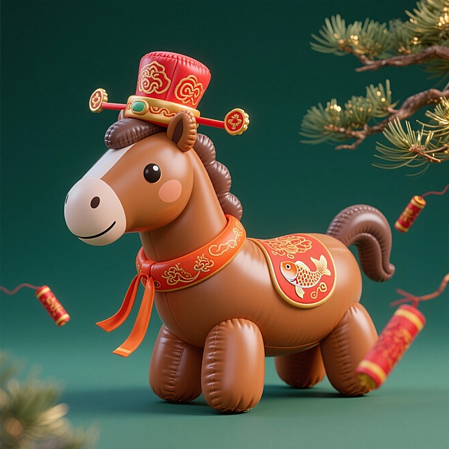 焦糖色小马，头顶戴刺绣红纹状元帽，颈间系绣着锦鲤纹的橙红飘带。墨绿纯色背景，点缀烫金松枝与鞭炮装饰，复古雅致。