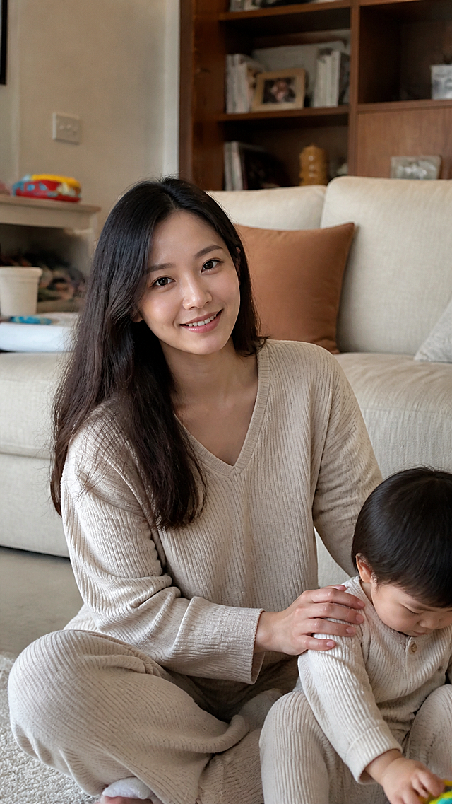 真人写实风格，一位25-30岁的年轻妈妈，亚洲女性，自然日常妆容，长发，穿休闲针织家居服，面带温柔微笑，眼神亲切，生活化场景在家中客厅，柔和自然光，高清，皮肤质感真实，不要过度修饰，不要夸张滤镜，写实摄影风格