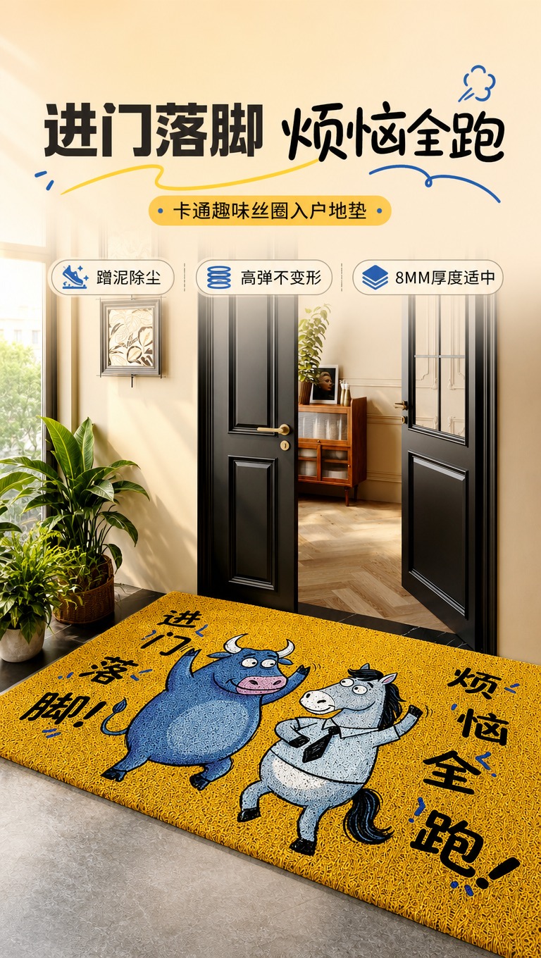 [商品] 使用【图1】黄色丝圈入户门地垫，保留蓝牛灰马卡通图案… - 图片创意预览