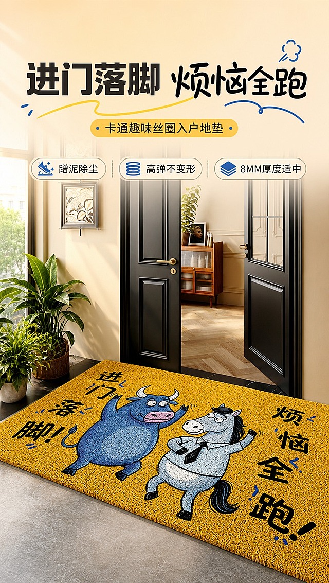 [商品] 使用【图1】黄色丝圈入户门地垫，保留蓝牛灰马卡通图案、"进门落脚！烦恼全跑！"黑色手写字体、8MM丝圈材质、黄色底色、地垫形状和比例；增强丝圈纹理质感，图案清晰锐利，不改变图案内容和颜色。
[画面] 首屏海报头图，结果场景型；竖版9:16构图，地垫位于画面中下部，占画面约50%，入户玄关场景完整呈现，黑色双开门、绿植、装饰画、木质边柜作为背景营造温馨家居氛围；画面上方留白放置文案区，阅读动线从上到下；前景地面自然延伸，中景地垫主体，后景门与玄关空间虚化烘托。
[视觉] 套系策略：风格=温馨家居商业摄影+卡通趣味感；标题字=粗黑体+手写体组合；正文字=简洁无衬线黑体；主色=暖姜黄色；背景延展=基于暖姜黄做深浅层级、同色渐变和细腻墙面/地面质感；强调色=牛仔蓝，仅用于小面积图标、引线和标签；标题色=深炭灰；正文色=中暖灰；组件=圆角浅底信息卡、细线引线、卡通气泡框；光影=左前侧自然光，柔和明亮。
[文字] 画面上方主标题"进门落脚 烦恼全跑"，副标题"卡通趣味丝圈入户地垫"，下方3个短卖点标签"蹭泥除尘 / 高弹不变形 / 8MM厚度适中"；文字横向排版，不遮挡地垫主体图案和卡通形象。
[规格] 图片比例9:16竖版，4K分辨率，淘宝天猫详情页风格；避免变形、错字、文字过小、冷蓝灰背景、地垫颜色改变、图案失真；禁用极限词。