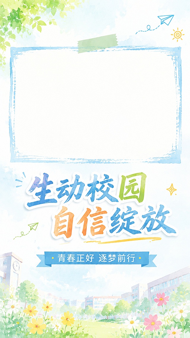 基于原图修改，背景颜色调淡，整体改为手绘水彩风格，移除下方所有人物，保留主标题"生动校园 自信绽放"和副标题"青春正好 逐梦前行"，保留上方横版照片空白框，保持竖版构图，手绘清新风格，配色柔和浅淡，文字清晰可读，版式精美