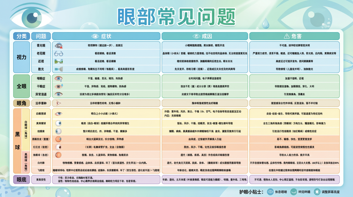 根据这张眼部常见问题表格内容，生成清晰美观的知识科普彩页，保留全部文字和表格信息，排版整齐，风格专业护眼预览效果