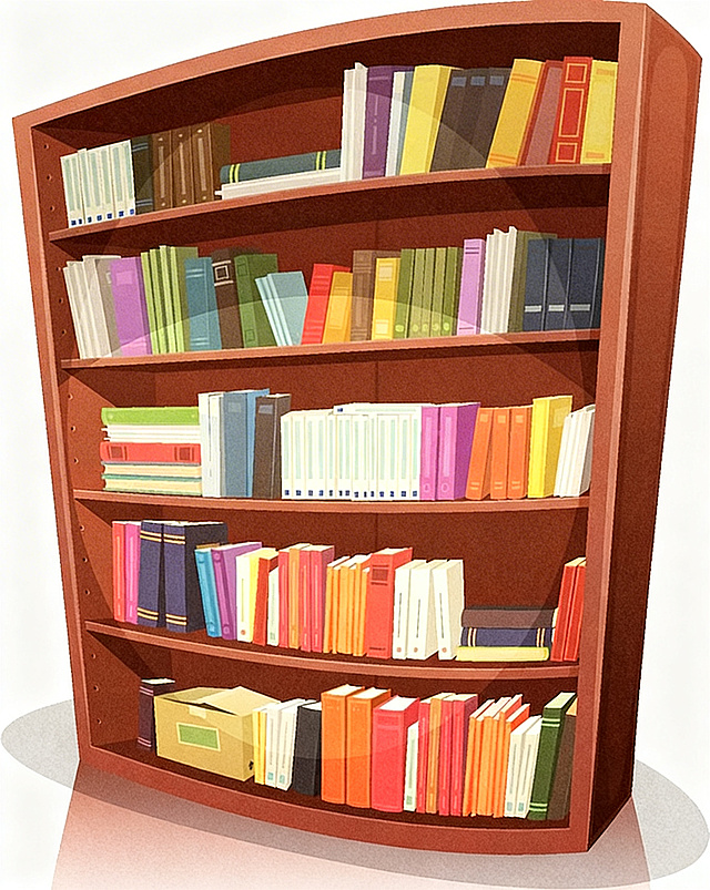 去除图片右侧和右下角的网站水印，保留书架和书籍的原有插画内容，保持原有风格和画质不变