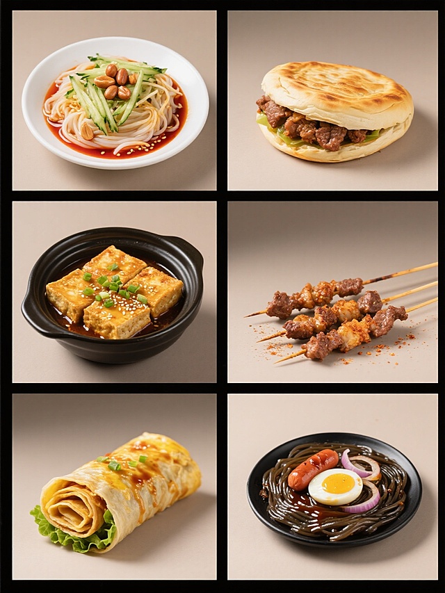 6个规整排布的美食素材，保持简约现代风格，纯色背景，无任何文字、logo和水印。从左到右、从上到下依次为：第一格是白色瓷盘盛装的凉皮，上面铺着黄瓜丝、豆芽，撒有花生米和芝麻，红油汤汁浸润；第二格是黑色陶碗中的臭豆腐，表面金黄，点缀翠绿葱花，汤汁浓郁；第三格是肉夹馍，外皮金黄酥脆，内里夹着肥瘦相间的肉馅，露出部分肉块；第四格是烤串，几串烤肉串并排摆放，肉质鲜嫩，撒有孜然和辣椒粉；第五格是煎饼果子，金黄色的煎饼包裹着薄脆、生菜和酱料，卷成圆柱形；第六格是烤冷面，黑色冷面饼上放着鸡蛋、香肠和洋葱，淋有酱汁。所有美食光影效果柔和，色彩真实自然，质感细腻，整体构图平衡对称，视觉层级清晰，突出食物的诱人形态。
