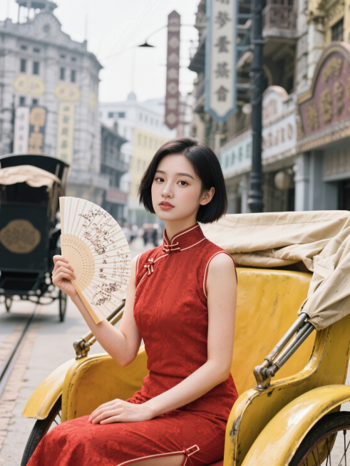 民国时期的女子，身穿旗袍，手拿纸扇，在上海滩的街道上的黄包车上预览效果