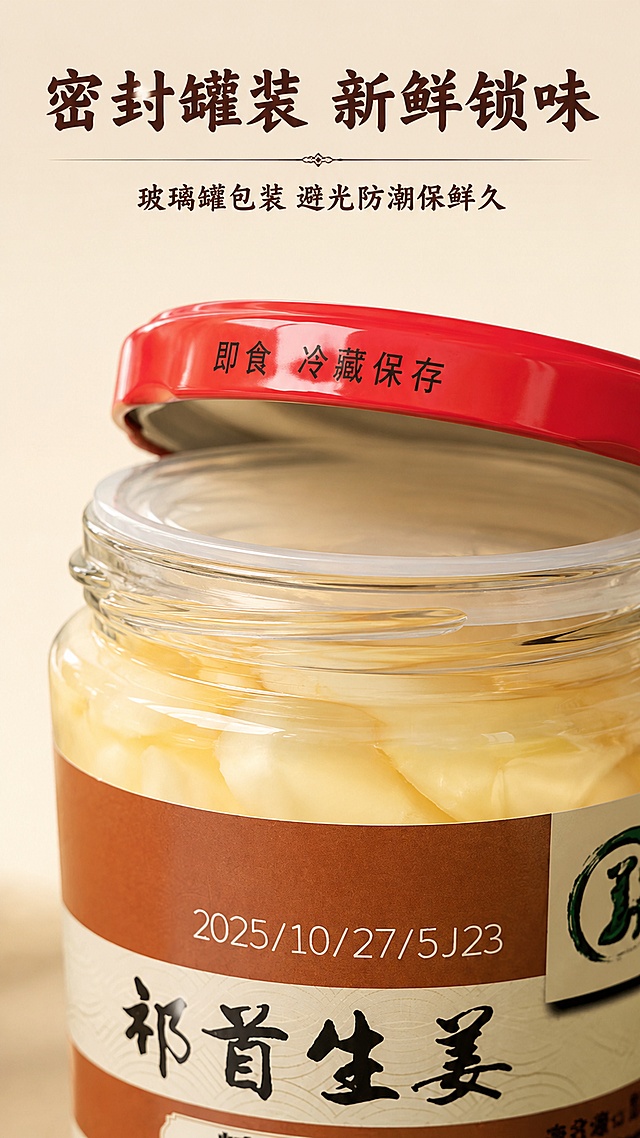[第6屏] 包装细节展示，玻璃罐密封锁鲜设计特写。本屏使用【图1】产品展示开盖处密封设计。
[氛围/风格] 产品细节特写，清晰结构展示，干净商业摄影质感。
[元素布局] 特写玻璃罐红色旋盖和瓶口密封位置，占屏约70%，清晰展示旋盖密封设计；旋盖标注「即食 冷藏保存」文字清晰保留，罐身主体在下方露出一部分；突出密封保鲜，干净卫生的包装特点。
[光影质感] 侧柔光打亮旋盖和瓶口，结构清晰，金属瓶盖高光自然，阴影层次分明。
[配色色系] 全局底色 #F5F0E6，主色红色瓶盖米白色瓶身，保留产品原有配色，字色深棕。
[视角构图] 平视斜侧特写，聚焦瓶口密封位置，景深效果，背景虚化突出主体细节。
[文字版式] 标题字体为温润书法感，字色深棕。顶部主标题「密封罐装 新鲜锁味」，副标题「玻璃罐包装 避光防潮保鲜久」，顶对齐排布，文字不遮挡细节主体。
[比例分辨率] 9:16 竖版比例，4K分辨率，文字清晰可辨，高清画质。
[负向提示词] 包装变形，文字模糊，结构错误，颜色偏差，水印，背景杂乱