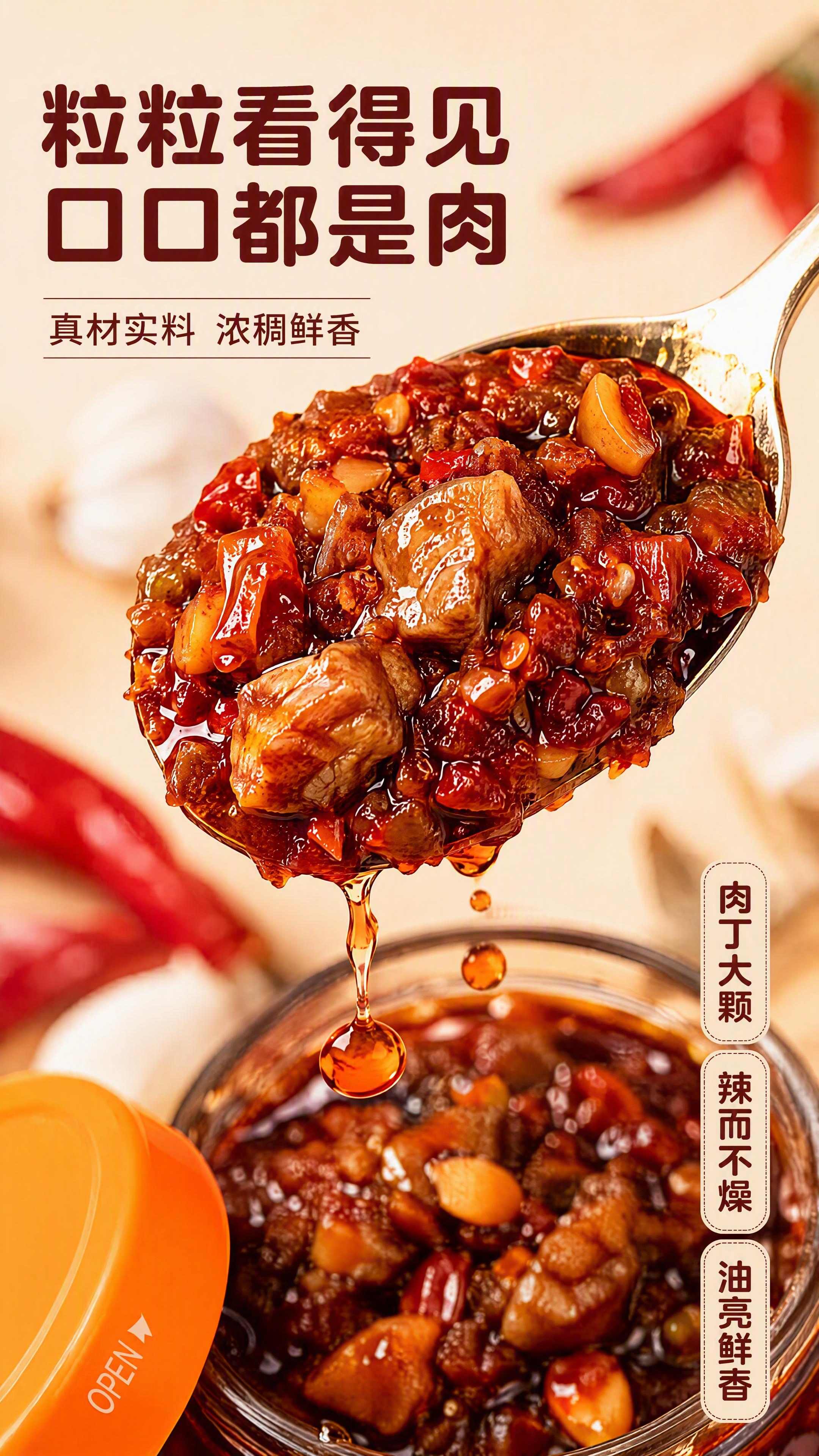 [第3张] 详情页口感质地特写-老岳母大盘鸡肉丁辣椒酱酱体微距… - 图片创意预览