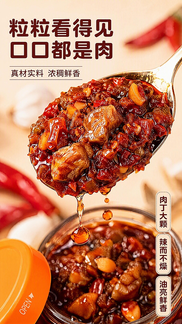 [第3张] 详情页口感质地特写-老岳母大盘鸡肉丁辣椒酱酱体微距。本张使用【图1】作为产品参考（酱体质感参考）。
[氛围/风格] 食欲微距风，油亮诱人，商业美食摄影质感，细节丰富。
[元素布局] 画面中央一大勺舀起的辣椒酱酱体特写，占比约55%；酱体中清晰可见大块鸡肉丁、辣椒碎、蒜粒等颗粒，油光发亮；勺子下方有酱体缓缓滴落的动态瞬间；背景虚化，隐约可见红辣椒和蒜瓣点缀；底部左侧露出辣椒酱瓶盖一角。
[光影质感] 侧上方暖光打亮酱体表面，油滴高光晶莹剔透，肉丁纹理清晰，酱体浓稠有层次。
[配色色系] 全局底色 #FFE8D6（暖杏色）；主色酱红 #B91C1C、油亮橙红；辅助色肉棕、蒜白。
[视角构图] 微距特写，略微俯视，酱体勺子为视觉中心，阅读动线顶部标题 → 中部酱体特写 → 底部口感标签。
[文字版式] 左上角主标题「粒粒看得见 口口都是肉」，副标题「真材实料 浓稠鲜香」；右下角三个口感短句标签：「肉丁大颗」「辣而不燥」「油亮鲜香」，竖排排列；字体为圆润黑体，字色深棕红，与首套字体一致。
[比例分辨率] 9:16 竖版比例，4K 分辨率，文字清晰可辨，高清画质。
[负向提示词] 酱体变形，颗粒模糊，颜色偏差，水印，文字错乱，背景杂乱。