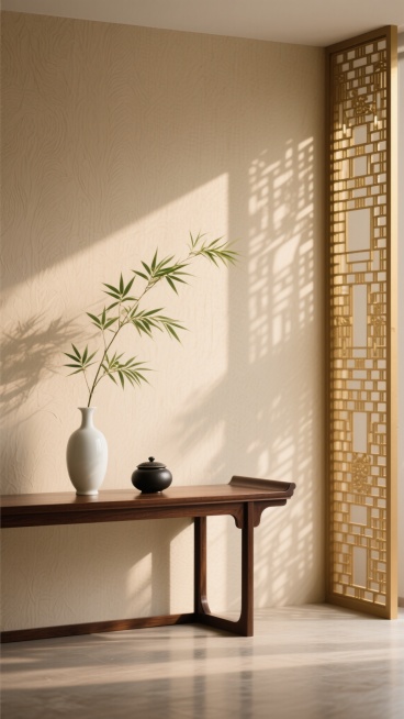 新中式风格室内场景，暖米色墙面带有细腻纹理，右侧立有金色镂空格栅隔断，左侧置有深棕色实木长案，案上摆放素雅白瓷瓶与小巧黑陶盖罐，一枝翠绿竹叶斜伸而出，柔和自然光透过格栅在墙面投下斑驳光影，整体营造宁静禅意、简约雅致的东方美学氛围，光影层次丰富，色调温暖和谐，材质质感细腻，构图遵循留白与对称美学，尽显新中式设计的韵味与格调。预览效果
