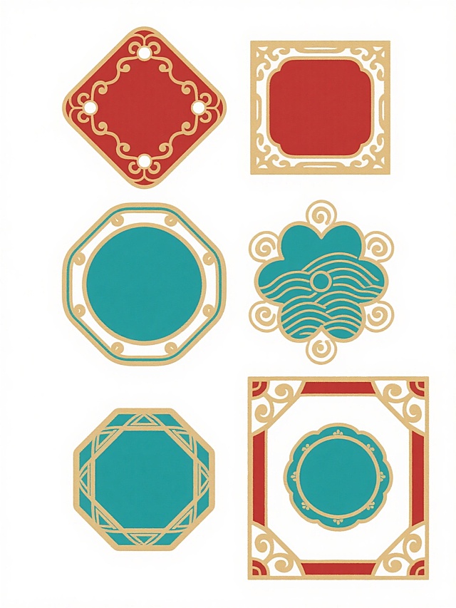 六个中国风边框设计，每个边框内部为不同颜色的光滑圆角填充区域，边框采用金色描边并带有精致的传统纹样装饰，上方两个为红色填充（方形带云纹拐角、菱形带圆珠点缀），中间两个为蓝绿色填充（圆形带波浪纹、花瓣形带卷曲纹），下方两个为青绿色填充（八边形带三角纹、圆形带如意纹），整体呈现古典雅致的视觉风格，所有元素独立排列在白色背景上。