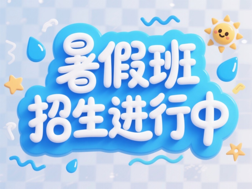 卡通风格暑假班招生海报，主色调为明亮的蓝色，搭配白色和浅蓝色渐变，整体氛围活泼欢快充满夏日气息。画面中央是艺术化设计的“暑假班 招生进行中”立体文字，字体为圆润可爱的卡通手写体，笔画边缘有白色高光和蓝色阴影，文字周围点缀着蓝色水滴、波浪线、星星和太阳图案等装饰元素，营造出轻松愉悦的暑假氛围。背景为透明，视觉层级清晰，核心文字信息突出，排版简洁明快，能快速传达暑假班招生的核心信息，符合学生及家长……预览效果