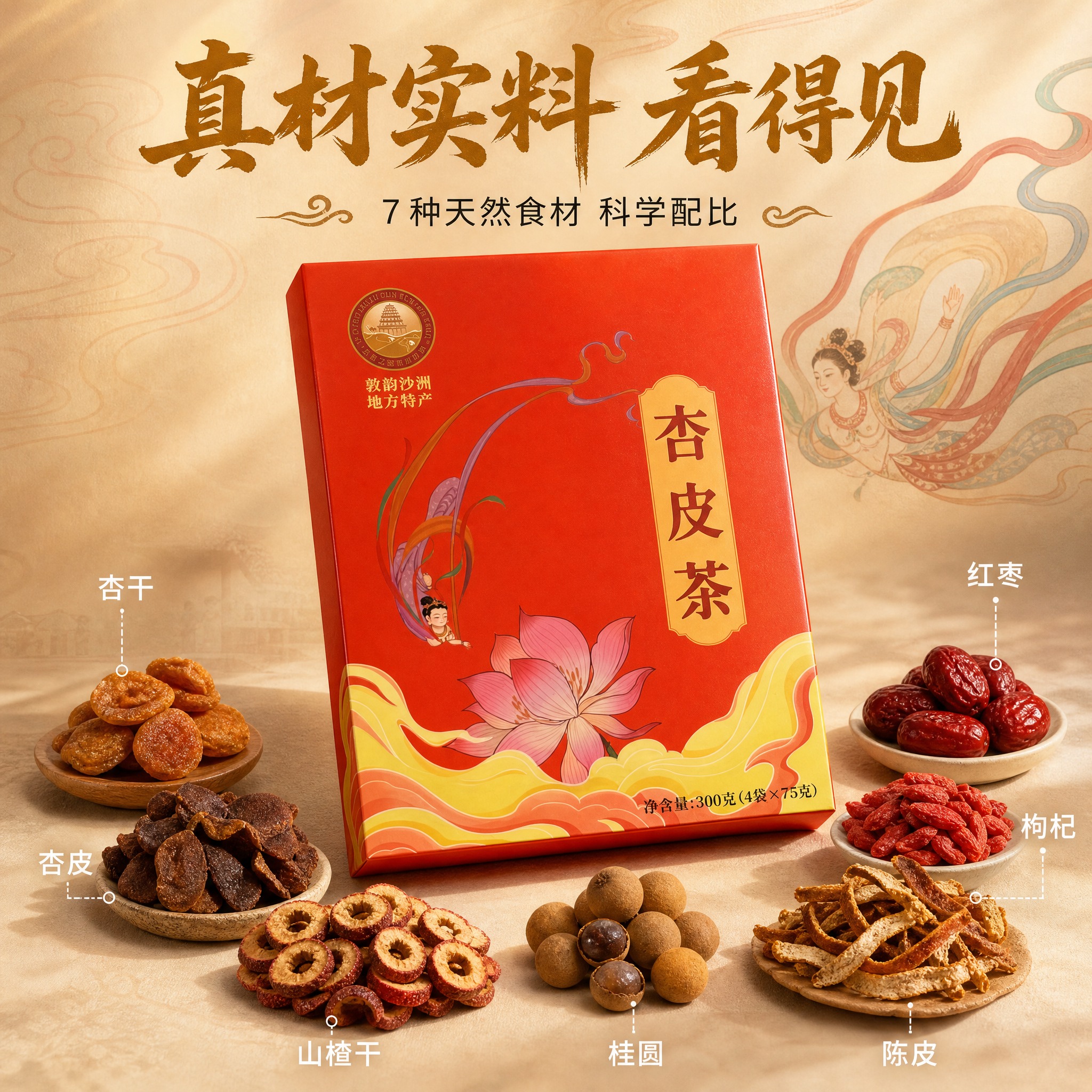 [主图-2] 真材实料原料展示图，突出杏皮茶的天然食材与品质感… - 图片创意预览