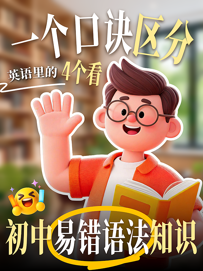 k12教育培训初中英语语法指南分享人像3D卡通小红书封面