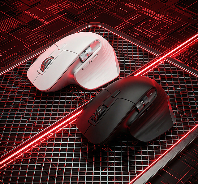 「图片1」「图片1」主体为鼠标，一白一黑两款，呈斜向错落摆放。背景是深色网格底搭配动感红色光轨，营造电竞科技氛围。风格为硬核电竞风，色调以红黑为主，搭配鼠标的白与黑冷色调。构图采用平视偏仰视角，突出鼠标流畅机身线条