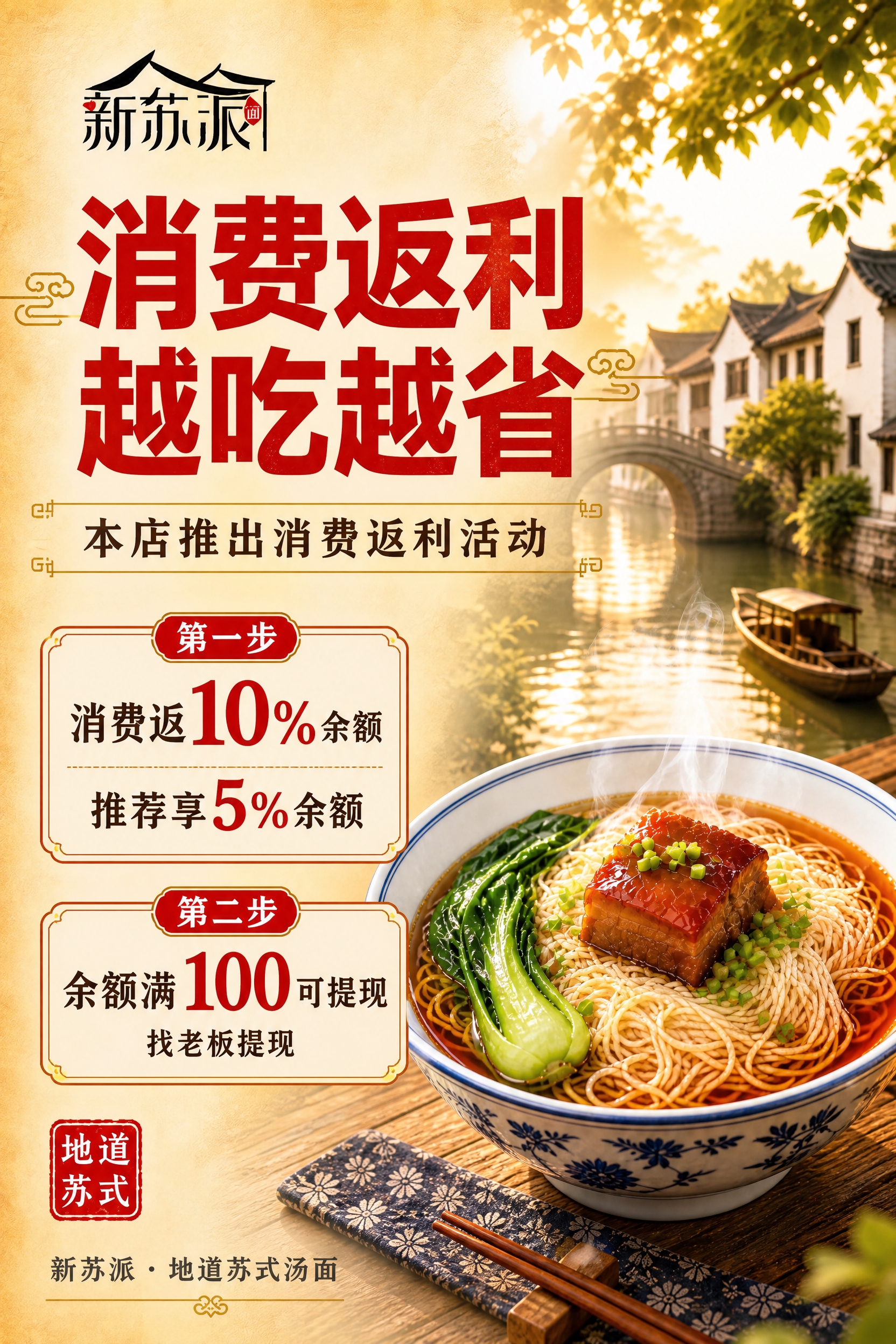 新苏派苏式汤面消费返利活动海报，竖版，暖黄色江南水乡背景+左侧… - 图片创意预览