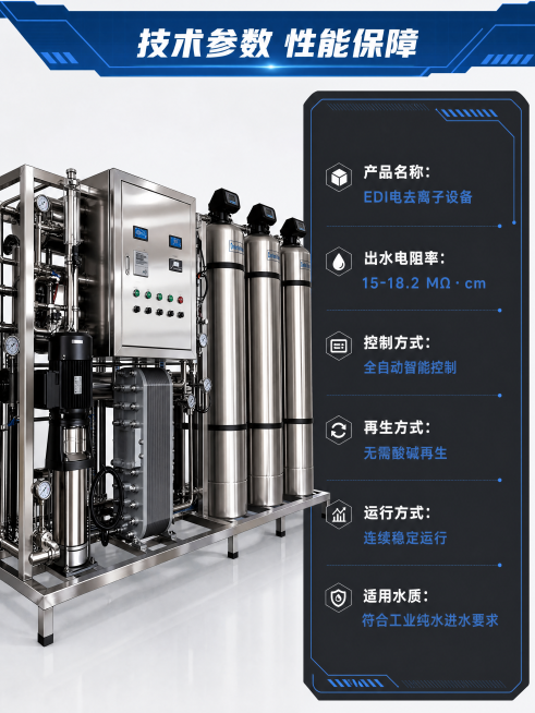 [第3屏] 技术参数与性能优势展示，本屏使用图1产品设备，保留原有结构材质不变，重点展示核心技术参数。
[氛围/风格] 硬核技术风，专业数据展示，工业科技感，清晰严谨。
[元素布局] 左侧放置EDI设预览效果