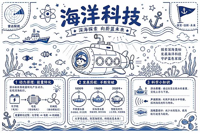 海洋科技手抄报设计，深海探索主题。横版构图，蓝白简笔画风格，线条简洁清晰，内容丰富饱满。

画面布局：
顶部大标题区，周围装饰原子符号、波纹、星形图案、船锚图标。

中间主体：一艘可爱的潜水艇简笔画居于中央，上方有海面波浪和小船剪影，下方有鱼群、水草、珊瑚，左右有气泡和波纹装饰。

下方三个知识板块并排：
左框：动力原理介绍，能量转化说明
中框：发展历程时间轴，三个里程碑节点
右框：科学小知识，三点关于浮力、声波、流线型

四个角落装饰：船锚、雷达、小旗帜、螺旋桨图案。底部波浪线边框。整体风格统一，图文并茂，适合青少年阅读学习。