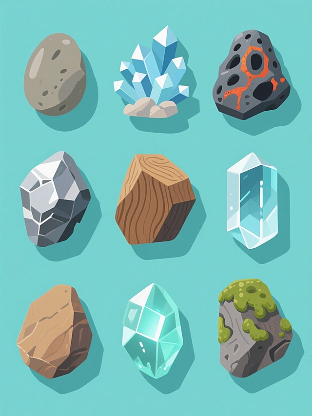 九个不同造型的岩石元素，每个岩石呈现完全不同的材质质感——包括磨砂岩石、光滑鹅卵石、水晶簇状岩石、多孔火山岩、金属质感岩石、木纹岩石、玻璃透明岩石、发光岩石、苔藓覆盖岩石，所有岩石保持原始的不规则几何轮廓和结构特征，整体画面色彩变换为清新的蓝绿色调，采用纯色背景，元素规整排列成三行三列的网格布局，保持扁平化插画风格，清晰的边缘线条，柔和的阴影效果，统一的光源方向，每个岩石材质细节丰富且对比鲜明，整体视觉协调统一，形成系列化素材集合。