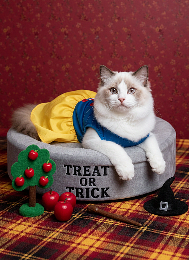 猫咪身着白雪公主的服装，慵懒窝在印有 “TREAT OR TRICK” 标识的毛绒猫窝里，深红碎花墙面背景，搭配苹果树、苹果，格兰芬多配色（红金黄）的格纹地毯，旁置巫师杖、巫师帽等道具
