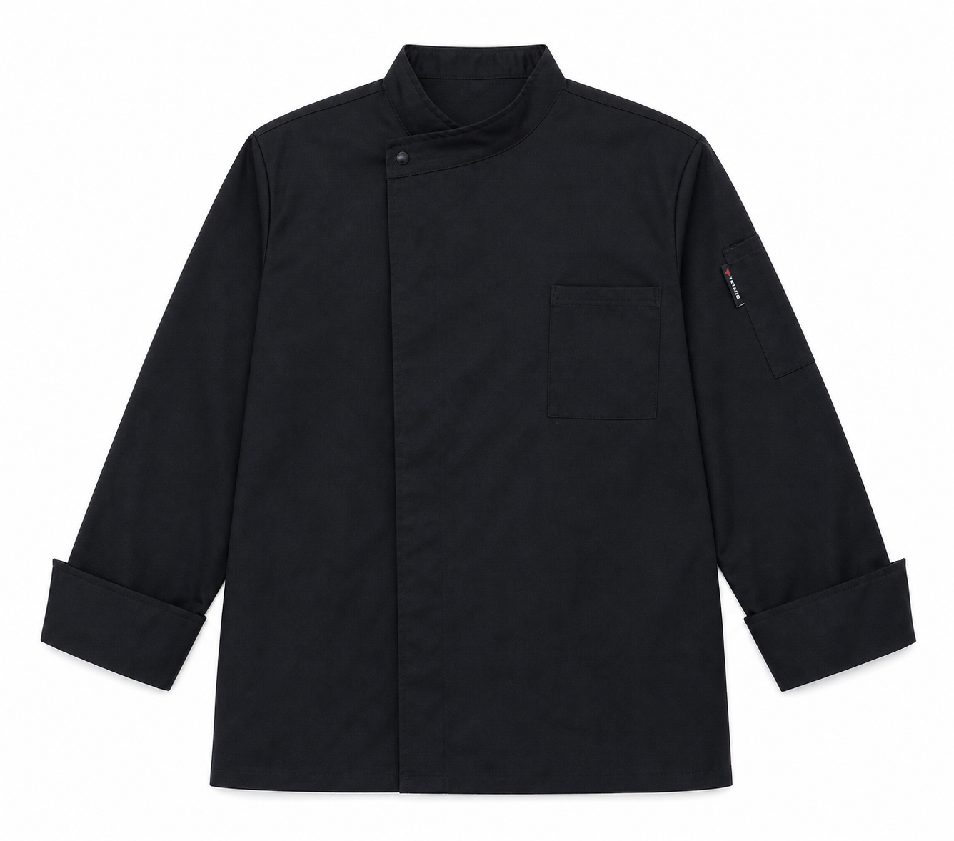 将图中的黑色厨师服从模特身上取下，转化为平铺的服装展示图，正面… - 图片创意预览