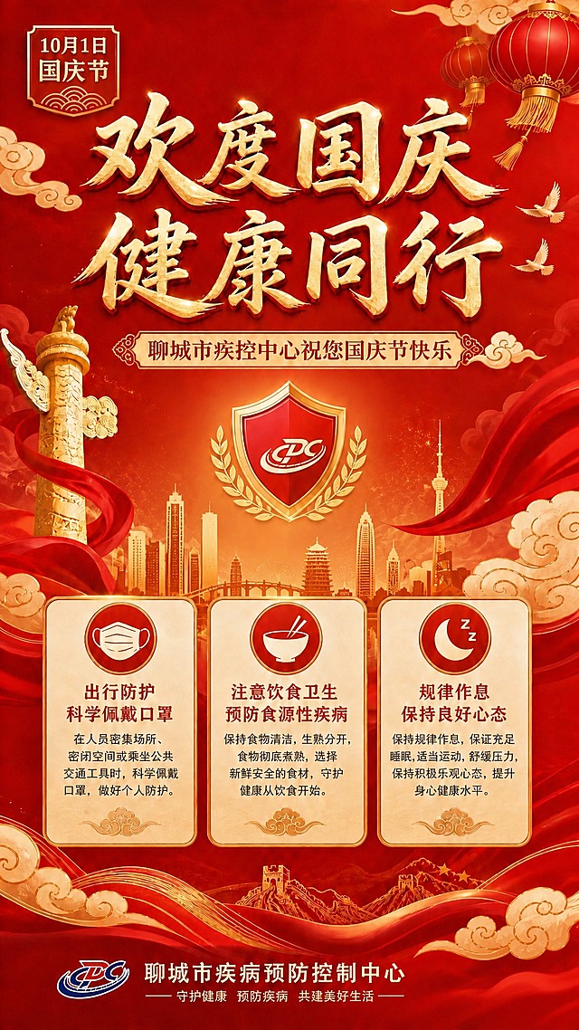 将画面中部天安门建筑替换为聊城市的城市地标建筑剪影或现代城市天际线背景，保持红金渐变色调协调。同时去掉右下角的二维码占位方块，该区域改为与背景一致的红色祥云或飘带装饰，不留空白。其余画面元素、文字、盾牌、华表、灯笼、三个健康提示卡片、底部落款等均保持不变。
