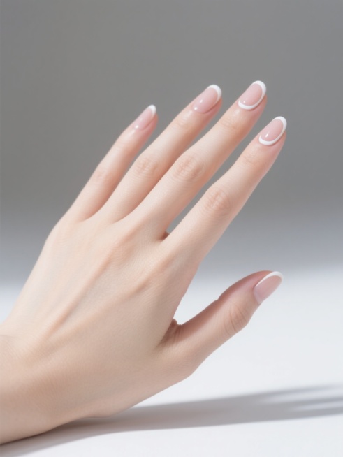 一只女性的手，手指修长，手掌自然舒展，指尖微微上翘，保持着自然放松的姿态，皮肤呈现出细腻白皙的质感，带有健康的光泽，白色背景干净简洁，突出手部主体，指甲变换为带有精致法式白色微笑线的美甲样式，指甲边缘线条流畅清晰，甲面光滑平整，整体呈现出优雅、简约又不失精致的美感，光影效果自然柔和，高光和阴影过渡细腻，展现出手部的立体感和真实质感。预览效果