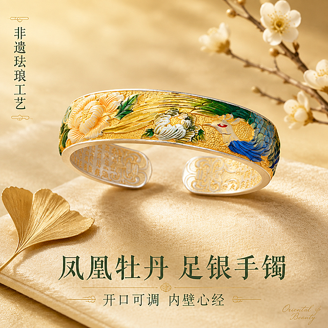 [主图-1] 抖音国风银饰手镯首图，突出凤凰牡丹珐琅彩浮雕工艺与高级礼赠氛围，吸引点击。
[统一基调] 国风精致高级感，背景为浅香槟金渐变绒面质感，主色香槟金与墨绿点缀，标题字色深墨绿，辅助字色暖金，字体为纤细国风宋体，字号层级分明，整体克制有质感，无厚重色块。
[画面] 手镯正面（凤凰牡丹珐琅彩面）居中偏上，主体占比约65%，开口朝下微侧45度展示立体感，放置在浅香槟色丝绒垫上，旁边点缀一片干枯银杏叶与一小枝白色腊梅，营造国风雅致氛围。手镯珐琅彩颜色鲜艳通透，金色部分有细腻磨砂质感，凤凰羽毛层次分明，牡丹花花瓣饱满，红绿蓝渐变自然。背景柔和虚化，突出手镯主体。
[光影质感] 商业珠宝摄影质感，柔光箱主光从左上45度打下，金属表面有柔和高光条，珐琅彩部分有通透光泽，底部有自然接触阴影，整体光线均匀柔和，无硬阴影，突出浮雕立体感与珐琅通透感。
[配色] 背景浅香槟金渐变，主体金、绿、蓝、红珐琅色，文字深墨绿与暖金，整体色调统一雅致，国风氛围浓厚。
[文字版式] 画面左上角竖排小字「非遗珐琅工艺」，画面底部居中主标题「凤凰牡丹 足银手镯」，主标题下方小字「开口可调 内壁心经」，字体为纤细国风宋体，字色深墨绿，主标题字号大，辅助文字缩小60%，文字不遮挡手镯主体，放在负空间。右下角加极小号手写体英文装饰「Oriental Beauty」。
[输出要求] 1:1正方形，2048px，手镯清晰不变形，珐琅色彩准确，文字清晰可读，无水印无平台Logo，无多余杂物，画面干净高级。负向：变形、错字、模糊、杂乱、塑料感、手指、人脸、水印。