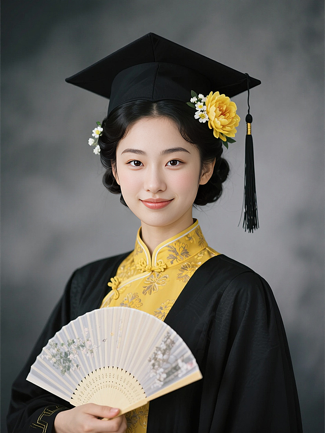 女生证件照，民国发型，穿黑色学士袍戴黑色学士帽，头发上戴黄色芍药花和白色小花，手执折扇，学士帽流苏，领口有黄色复古花纹，黄色旗袍，黑灰色朦胧背景，看镜头。