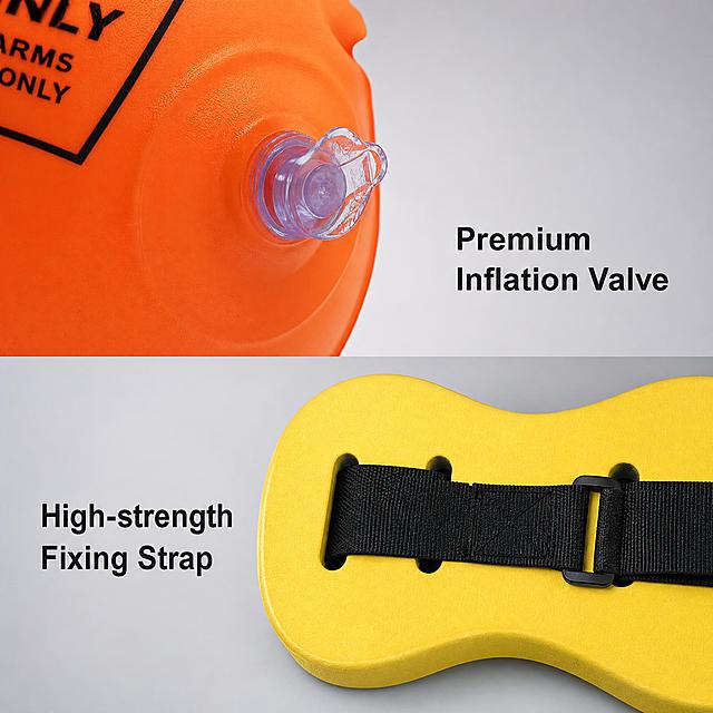 [主图-6] Product detail close-up of inflation valve and strap. Magnify the inflation nozzle of the orange arm buoy and the black fixed strap of the yellow waist float board, show the fine workmanship and high-quality material. Background is light gray, close-up shooting, soft side backlight shows material texture. Text description: "Premium Inflation Valve", "High-strength Fixing Strap", placed next to the detail area, clear text. 1:1 2048x2048 2K resolution. Negative prompt: deformation, text disorder, blurry, overexposure.