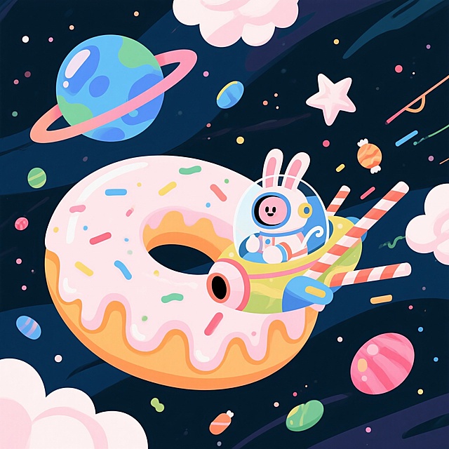 巨大甜甜圈漂浮成星球，表面糖霜是环形山，宇航员是戴着甜甜圈头盔的兔子，坐着糖棍飞船遨游，周围点缀糖果流星、奶油星云，扁平插画风格，色彩明快梦幻，超萌太空冒险