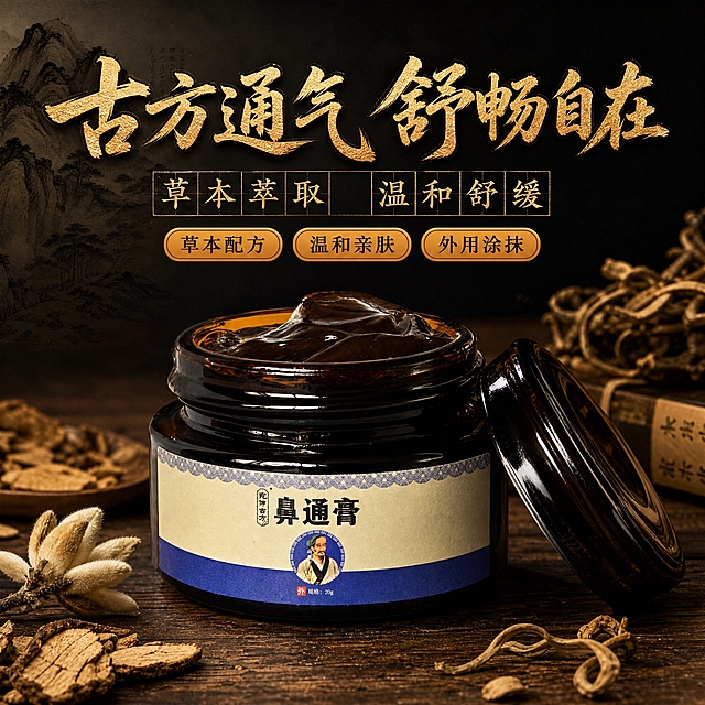 [主图-1] 首图主视觉，参考暗调中式古风风格，展示宛伊古方鼻通膏，传递草本古方的厚重感和专业感。
[统一基调] 暗调中式古风，主色调深棕黑+暖金色+米白，高对比暗调氛围；主标题用书法毛笔字体，副标题用宋体；整体风格厚重古朴，有传统中医药质感。
[画面] 产品罐（深棕色玻璃罐，米白标签蓝色底边，印有"鼻通膏""宛伊古方"字样）位于画面下方居中偏左，罐盖打开斜靠在罐身右侧，露出深褐色膏体，占画面约40%；产品放置在老旧木质桌面上，桌面上散落着干枯的草本植物、辛夷花、几片中药材；背景为深黑色渐变，左上角有淡淡的水墨山水晕染；整体光线集中在产品上，四周暗角处理，突出主体。
[光影质感] 暗调商业摄影质感，侧前方暖光主光源，产品有明显的高光和阴影对比，玻璃罐反光真实，膏体温润有光泽，木质桌面纹理清晰，整体氛围厚重有质感。
[配色] 深黑背景+暖金色文字+深棕木质+草本原色，暗调高对比，中式古风厚重感。
[文字版式] 画面上方大书法字体主标题"古方通气 舒畅自在"，字体为毛笔书法风格，金色渐变带描边；主标题下方一行田字格排列的小字"草本萃取 温和舒缓"，每个字在一个方格内；再下方三个圆角橙黄色标签按钮横向排列："草本配方""温和亲肤""外用涂抹"；文字居中对齐，层级分明。
[输出要求] 1:1正方形比例，2048x2048，产品清晰完整，文字清晰可读，暗调氛围浓厚，无变形错字，无水印无平台Logo。