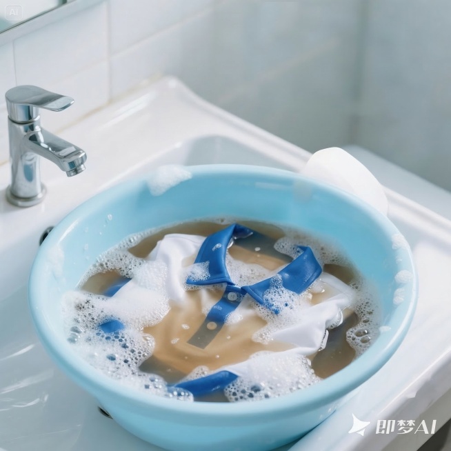 将盆里的清水替换为带有泡沫的浑浊棕色脏水，其他画面元素：洗手台、水龙头、蓝白校服、蓝色水盆等全部保持原样不变预览效果
