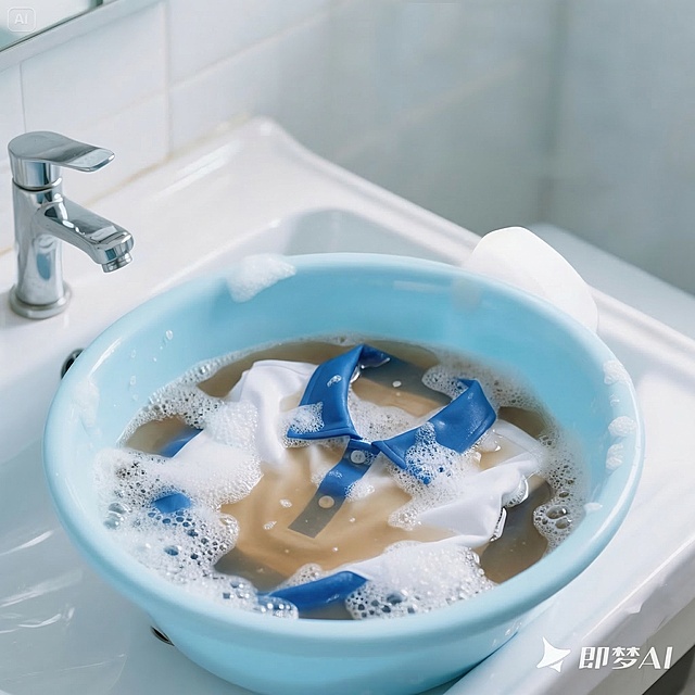 将盆里的清水替换为带有泡沫的浑浊棕色脏水，其他画面元素：洗手台、水龙头、蓝白校服、蓝色水盆等全部保持原样不变