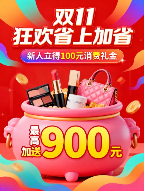 双十一促销竖版电商海报，主色调鲜艳红色，背景彩色渐变装饰。上方醒目字体展示“双 11 狂欢省上加省”“新人立得100元消费礼金”，下方黄色数字突出“最高加送 900 元”。中心是卡通风格粉色宝罐，罐内预览效果