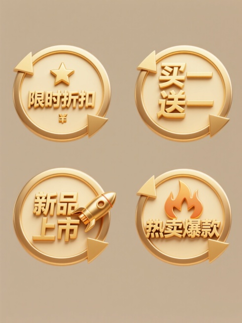 一组4个电商促销标签素材集合，保持相同的3D立体金色金属质感风格，圆形徽章造型，内部为米黄色背景，带有金色环形边框和立体箭头装饰，整体光影柔和有高光和阴影细节，规整排布在纯色背景上，每个标签内容分别为：1. "限时折扣" 金色立体字配星星图标，2. "买一送一" 金色立体字配礼物盒图标，3. "新品上市" 金色立体字配火箭图标，4. "热卖爆款" 金色立体字配火焰图标。预览效果