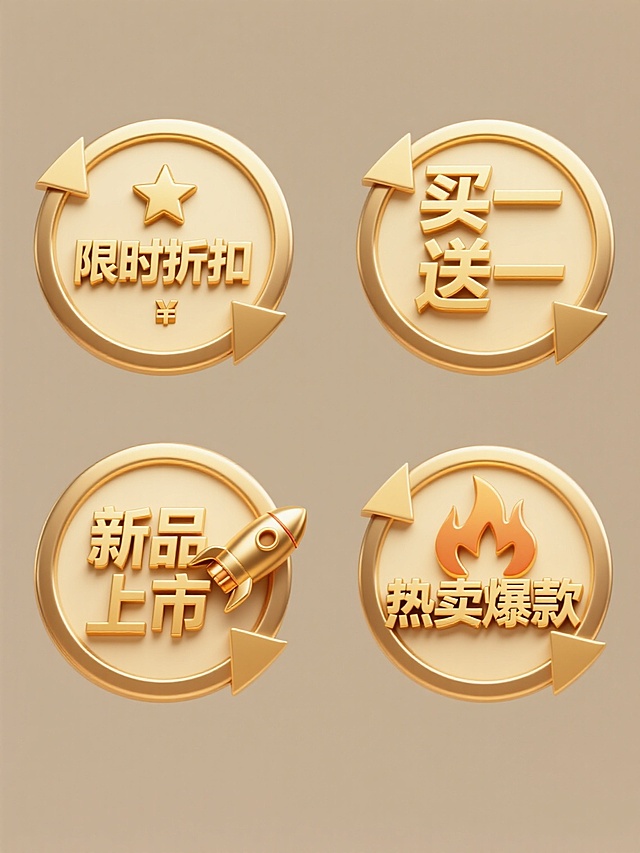 一组4个电商促销标签素材集合，保持相同的3D立体金色金属质感风格，圆形徽章造型，内部为米黄色背景，带有金色环形边框和立体箭头装饰，整体光影柔和有高光和阴影细节，规整排布在纯色背景上，每个标签内容分别为：1. "限时折扣" 金色立体字配星星图标，2. "买一送一" 金色立体字配礼物盒图标，3. "新品上市" 金色立体字配火箭图标，4. "热卖爆款" 金色立体字配火焰图标。