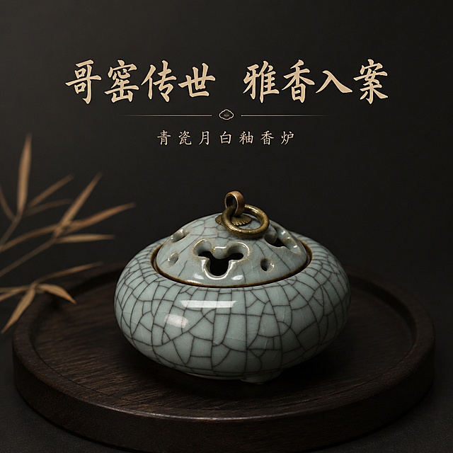 使用商品详情页技能根据商品图「图片1」「图片1」「图片1」生成详情页，参考图为，商品名称为青瓷月白釉哥窑香炉，卖点为宋代五大名窑哥窑形制，月白厚釉温润如玉，器身经典铁线开片、冰裂纹肌理；镂空雕花炉盖配铜提环，实用别致，茶室焚香、家居陈设、赏玩送礼、收藏皆宜，适配平台为抖音/快手，图片比例为1:1，需求屏数为3张，风格干净，熏炉场具，高级感