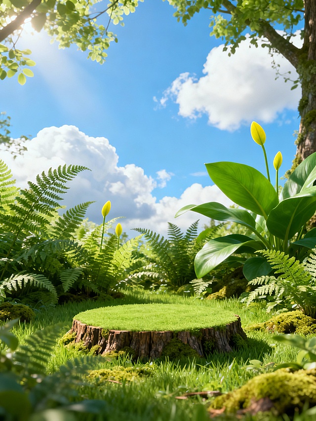 一片生机盎然的绿色草地，草地上覆盖着茂密的蕨类植物和宽大的绿色叶片，几株鲜嫩的黄色小芽点缀其间。背景是晴朗的蓝天，飘着几朵洁白的云彩，阳光透过树叶洒下柔和的光影，营造出宁静自然的氛围。地面上原本放置树桩圆桌的位置被平整的草地取代，周围的苔藓和植物自然延伸覆盖，整体画面保持3D写实风格，色彩清新明快，光影层次丰富，充满春日森林的清新与静谧感。