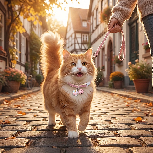 日常户外街道场景，一只戴着粉色款猫项圈的可爱猫咪，在主人牵引下开心散步，阳光柔和，画面温馨治愈，突出项圈的可爱质感