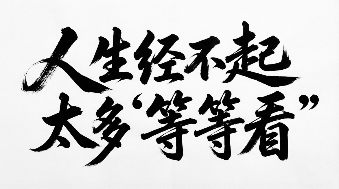 文案：人生经不起太多“等等看”，白底黑字，毛笔手写行书，上下分两行错落排版，人生经不起在上面一行，“等等看”在下面一行，字间穿插，大小不一，局部笔画夸张，飞白笔触，高对比度，字体风格用笔特点笔画尽量接预览效果