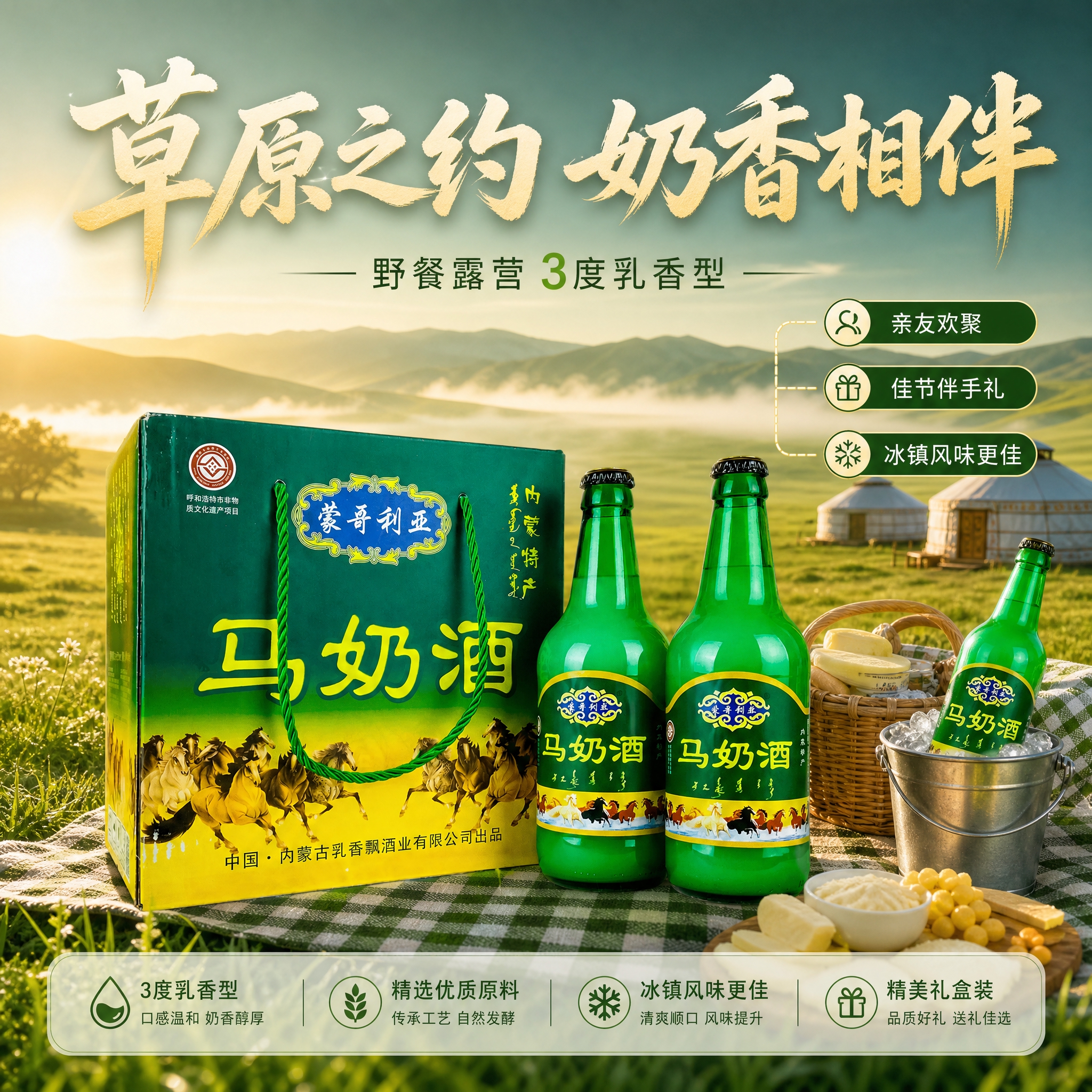 [主图-4] 草原场景页：表现野餐露营场景中的奶酒陈列与伴手礼… - 图片创意预览