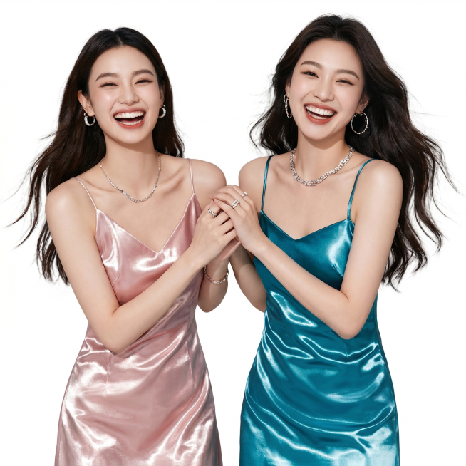 参考图片风格，重新生成画面内容，2个女孩子手拉着手，笑的很开心。左右两侧都不要裁切到人。保持珠光吊带裙、精致珠宝饰品，纯白背景，高清质感，和参考图一致的光影风格。预览效果