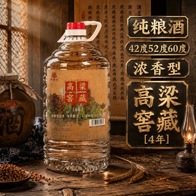 商业级产品摄影。主体：桶装白酒严格参照上传产品图，完整保留结构与文字。产品占画面65%，近景构图，绝对主导。卖点文字采用烫金+暗纹底板设计，分层排布于画面右上区域，形成视觉焦点。风格：非遗匠心风。场景预览效果