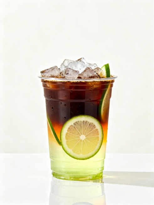 一杯清爽的柠檬美式冰咖啡，盛放在透明塑料杯中。杯内包含深色冷萃咖啡液、清澈的柠檬水层、两片新鲜青柠切片（包括横切面与斜切条），顶部堆满晶莹剔透的冰块，冰块边缘略带融化痕迹，部分渗入液体中形成自然分层效预览效果