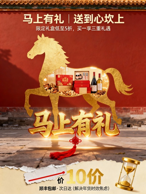 方案二：年货节礼盒（适合食品/礼盒/美妆类目）

营销定位：春节送礼场景，强调"体面+实惠"的社交货币价值
即梦Prompt：
高端电商营销海报，对称构图，故宫红墙背景，中央展示金色骏马剪影（镂空设计预览效果