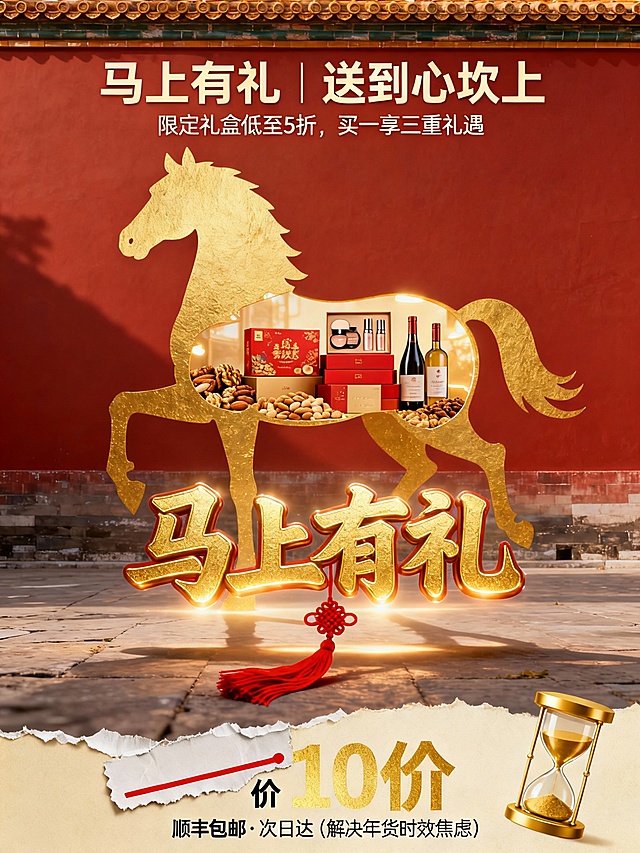 鎏金剪纸风马形超级符号，融合中式红墙背景与国潮礼盒，喜庆奢华，传递新年祝福与限时优惠。