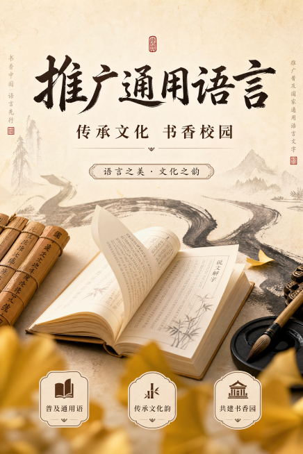 新中式书香文化风格，写实商业摄影，主题为推广普及国家通用语言文字的海报，主标题"推广通用语言"，副标题"传承文化 书香校园"，装饰文案"语言之美 · 文化之韵"，三个卖点标签分别为"普及通用语"、"传预览效果
