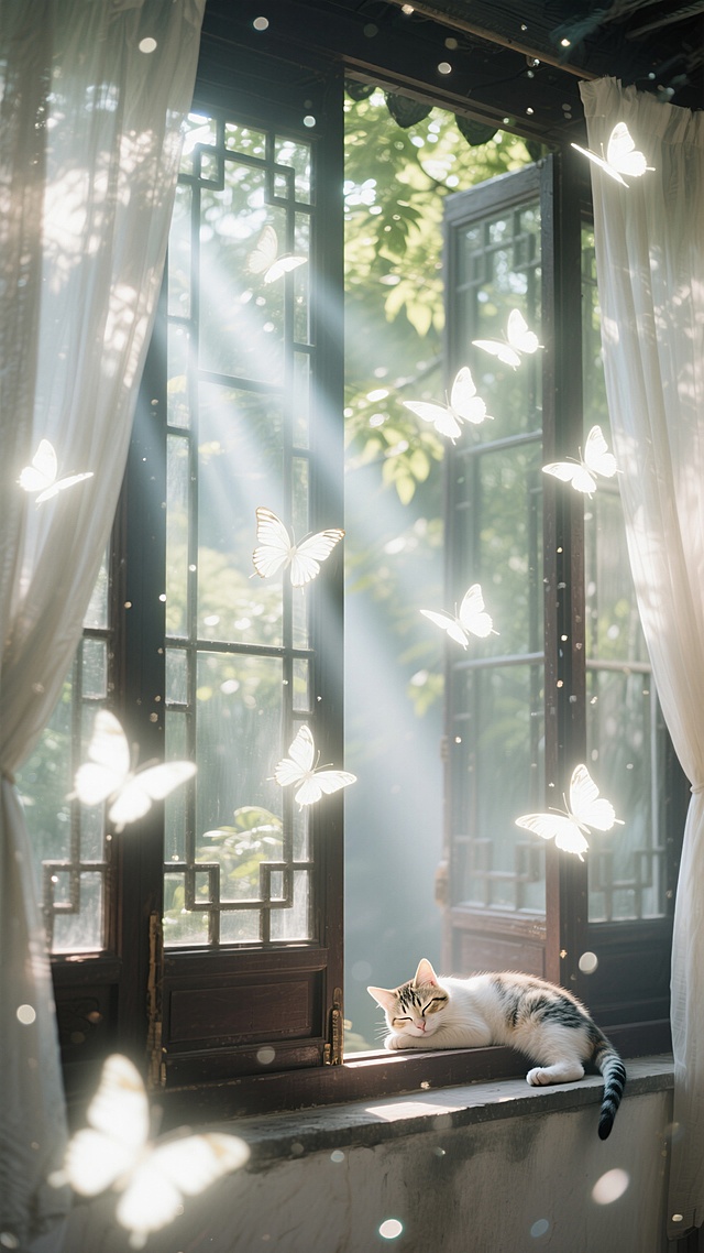 夏日的一个下午，一个中式敞开的大连排窗户，风从窗外吹进来，窗子敞开着，窗子两旁的窗帘被吹起，窗外的树叶也被风吹动，一只小猫躺在窗台上睡觉，清新舒适，无数只发光的白色蝴蝶飞舞