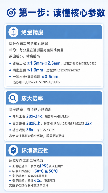 重新生成这两张详情图，内容为：
🎯 第一步：读懂核心参数
在挑选具体型号前，要先看懂这三个决定性能和价格的核心技术参数：
测量精度：这是区分仪器等级的灵魂数据，标称为“每公里往返测量高差标准偏差”预览效果